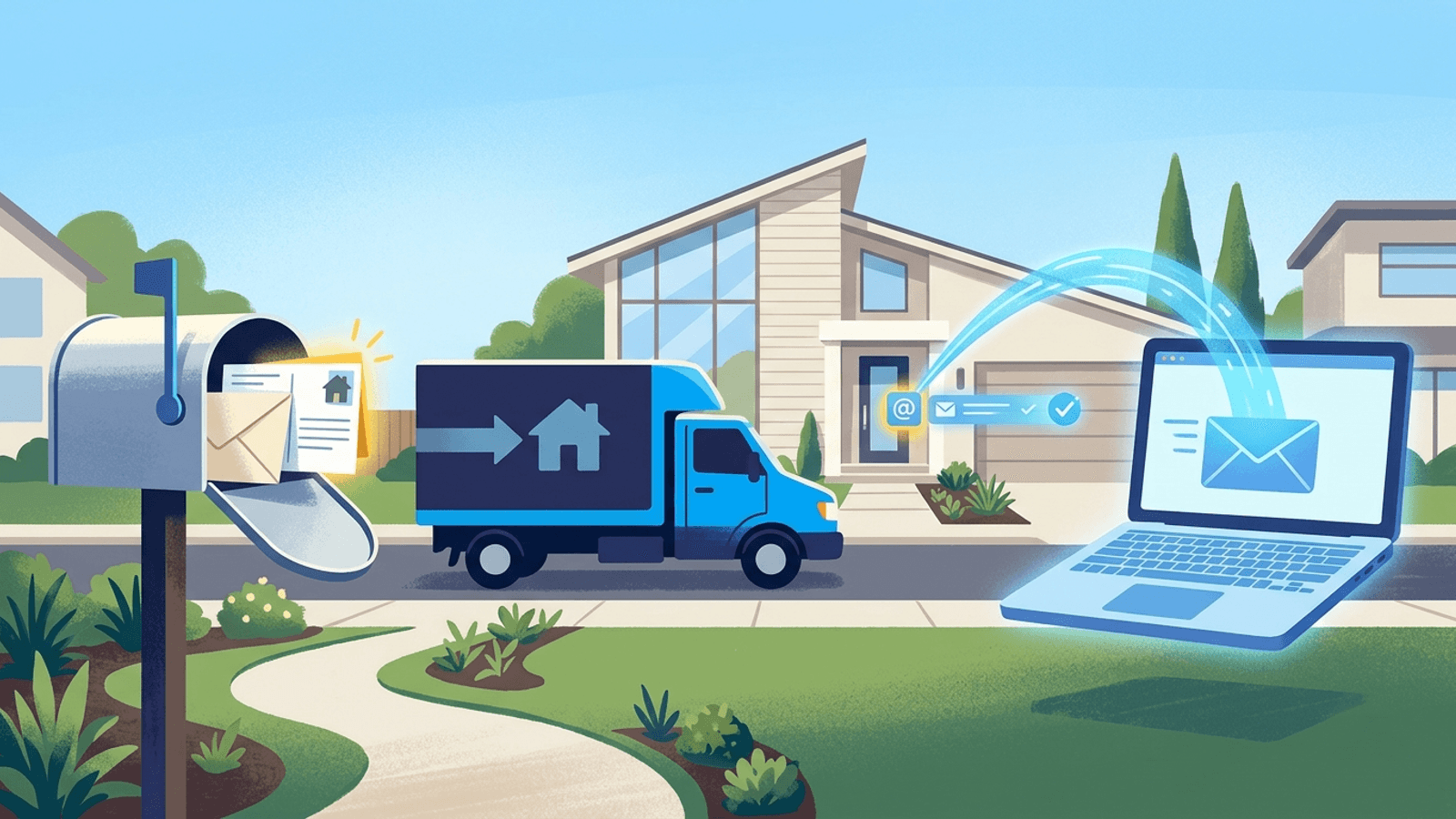 Modern split comparison between physical direct mail moving postcards and digital verified homeowner email outreach beside a moving truck
