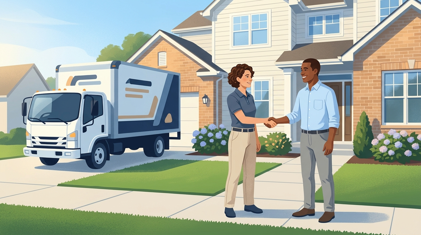 Professional moving estimator shaking hands with a smiling homeowner on a paved front walkway with a clean moving truck parked in the driveway