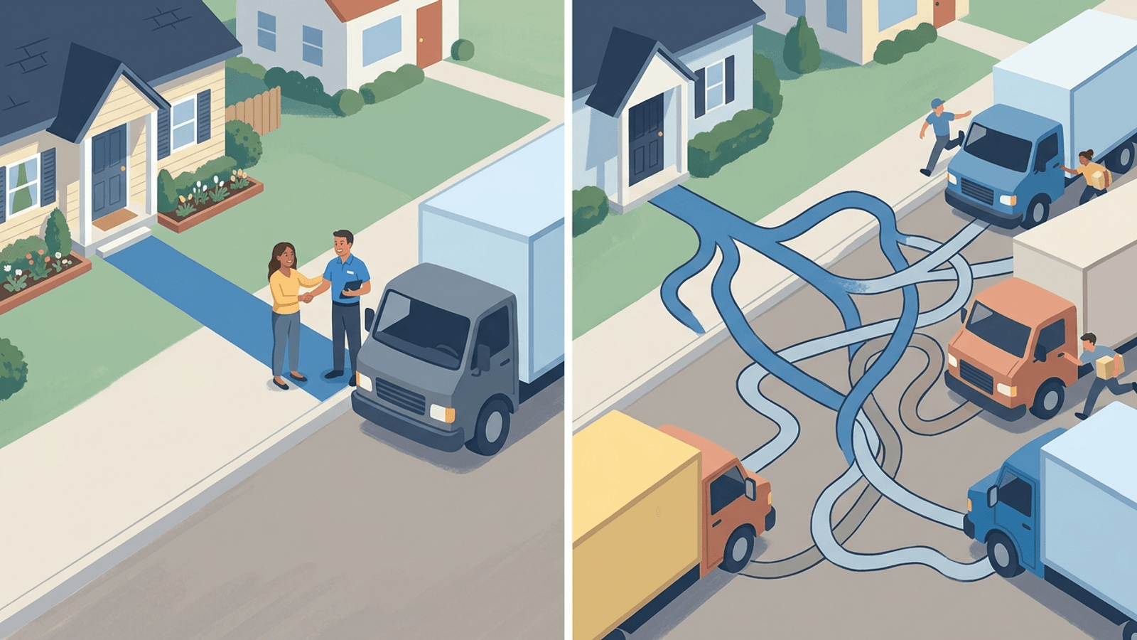 Two moving lead routes comparing one exclusive path with several shared paths