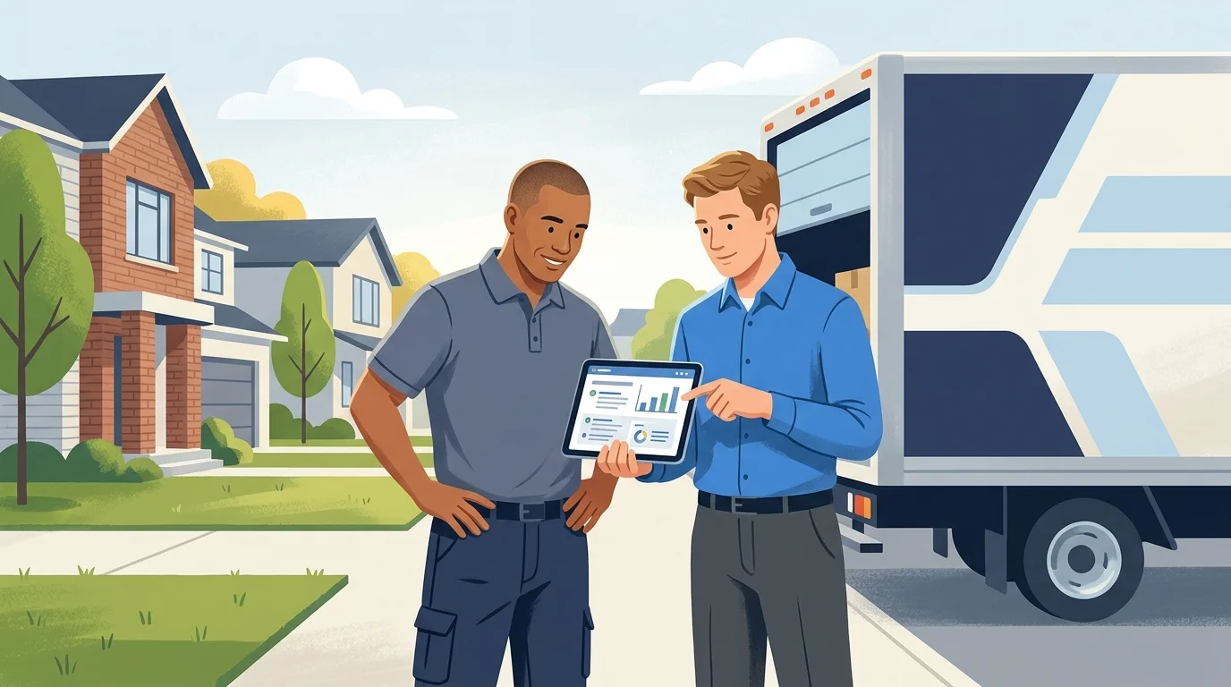 Moving company owner and marketing manager analyzing Google Local Services Ads and Google PPC dashboards next to a branded moving truck