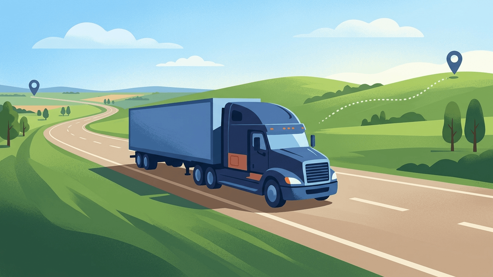 Long-haul interstate moving semi-trailer truck traveling smoothly along an open multi-lane highway connecting across state borders