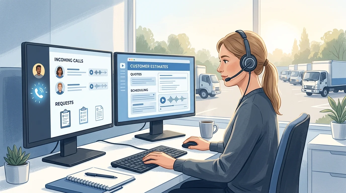 Moving company dispatch manager reviewing incoming Google Guaranteed calls and audio recordings