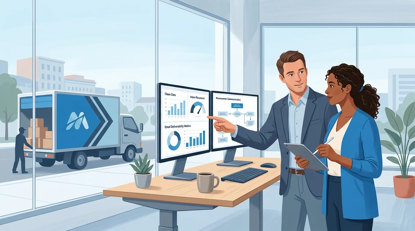 Moving company technology setup showing DNS server authentication records, email inbox deliverability metrics, and home seller communication workflows