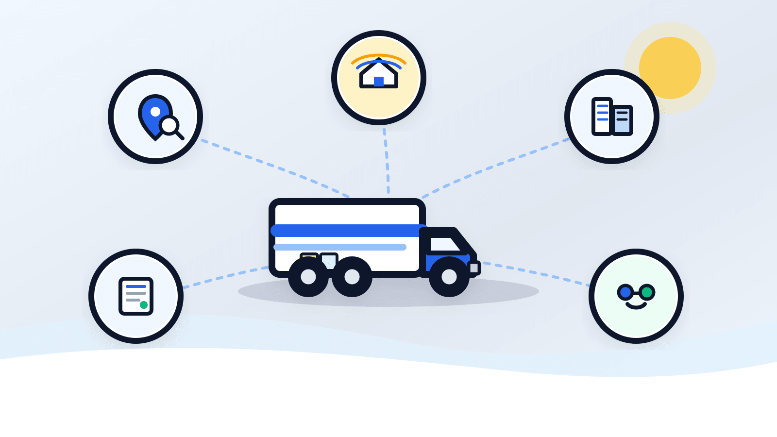 Moving company customer acquisition marketing ecosystem connecting search engines, directories, homeowner signals, trade partnerships, and commercial contracts around a moving truck