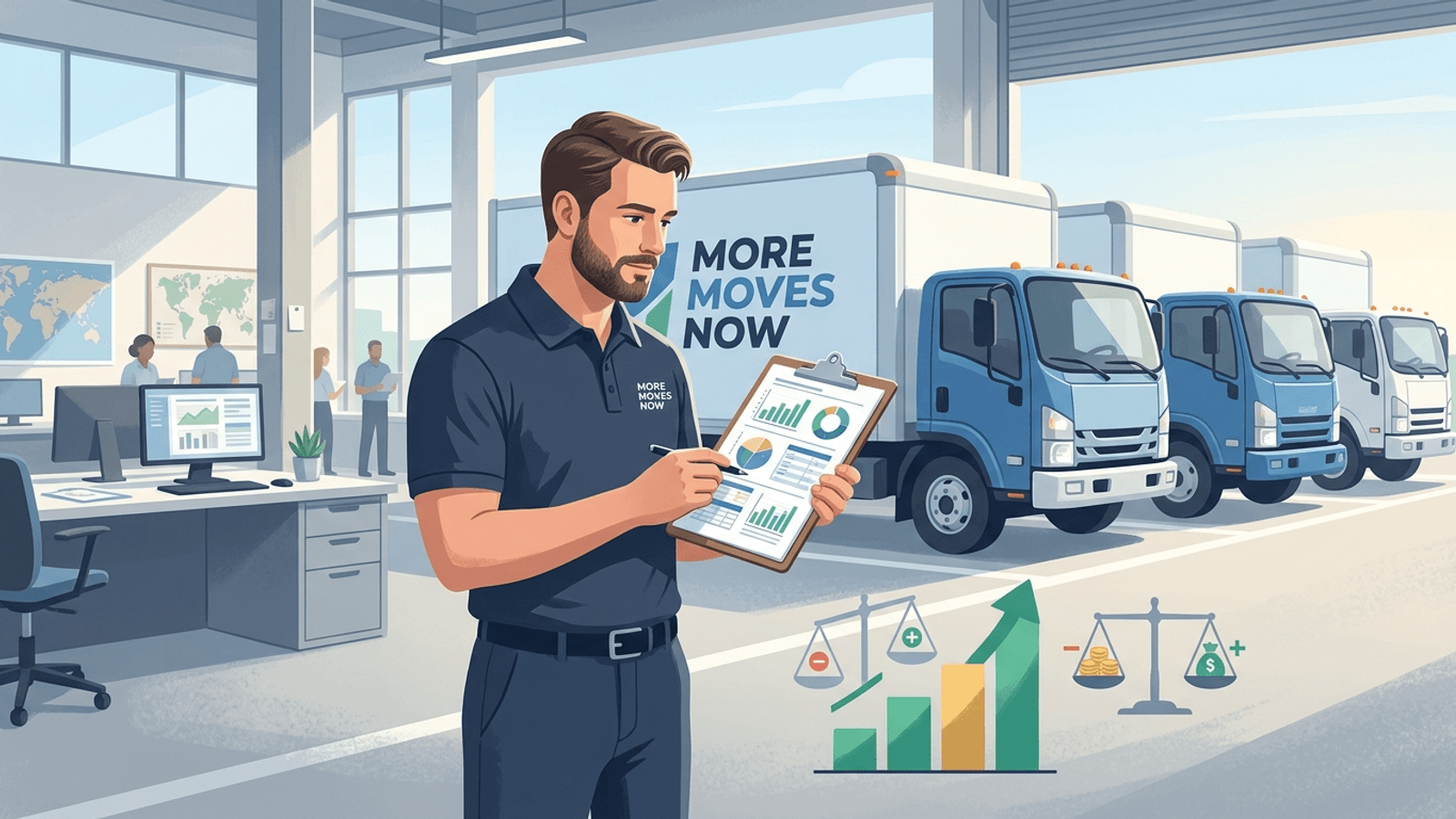 Moving company owner analyzing financial growth charts and job profitability next to a fleet of moving trucks