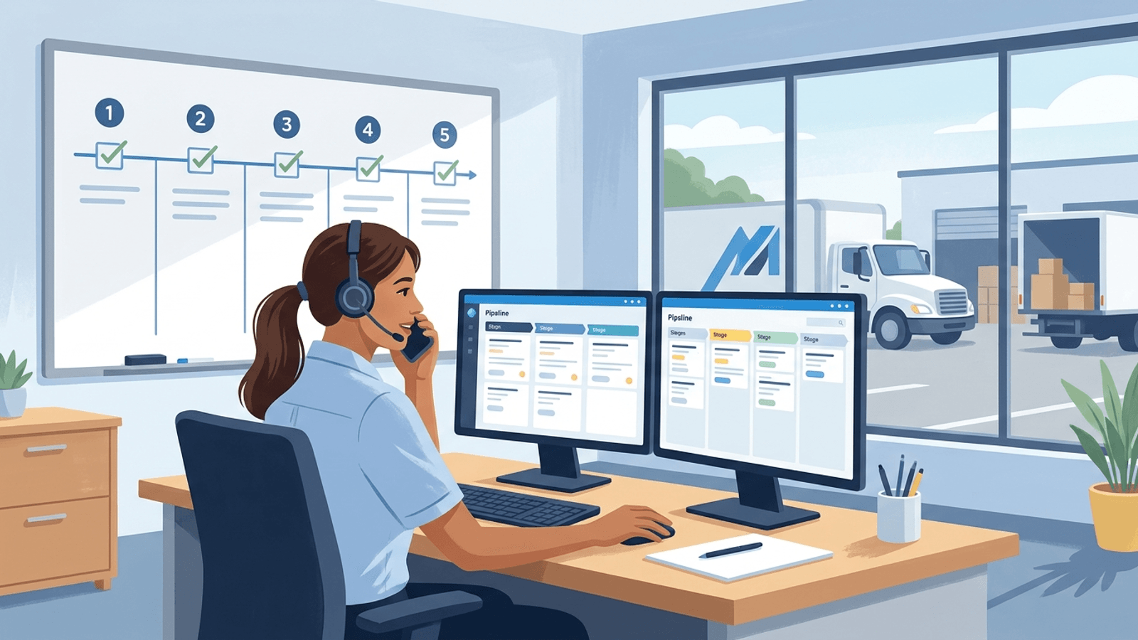 Moving company coordinator managing a 5-step estimate pipeline on dual screens in a dispatch office