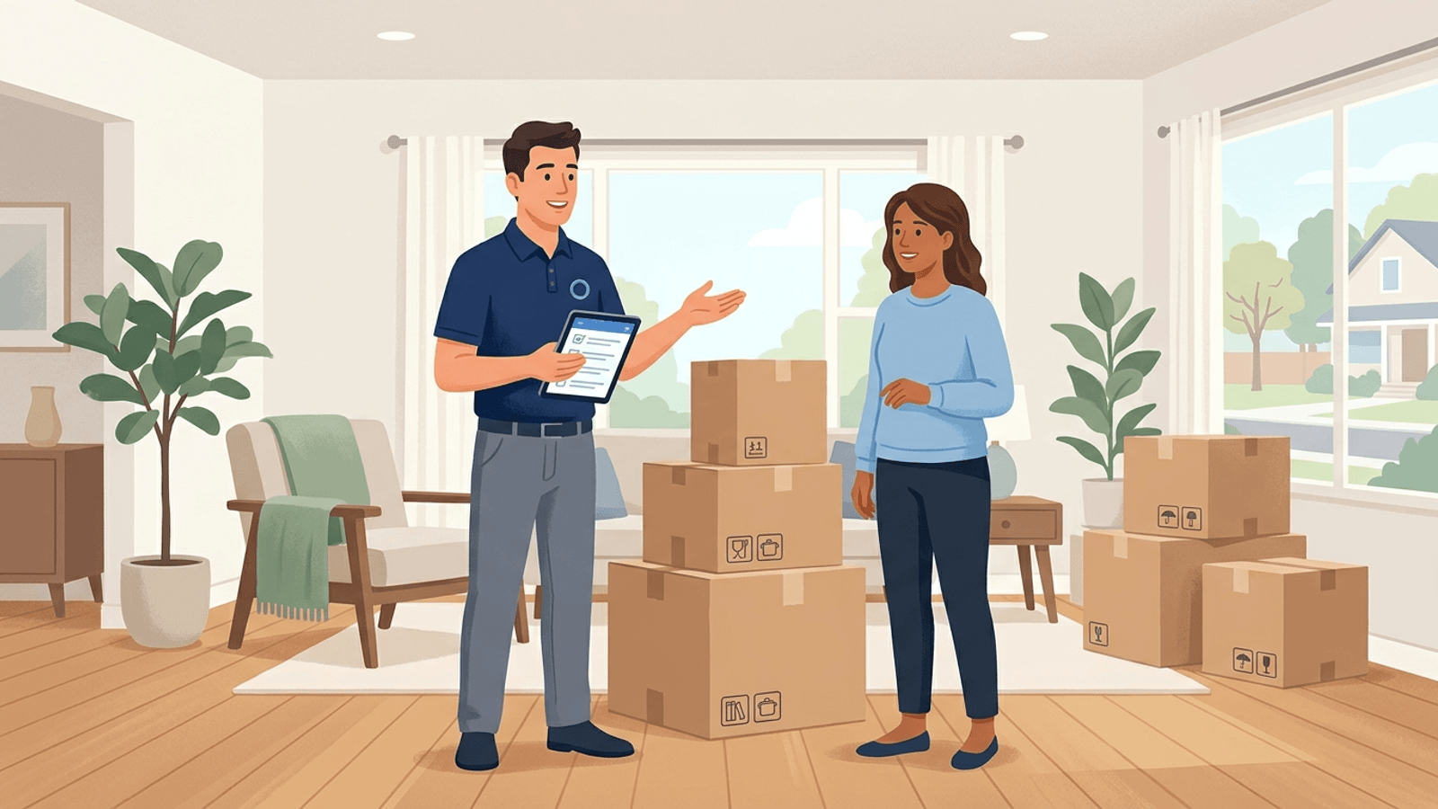 Professional moving estimator performing a tablet-based video survey and walkthrough for a residential homeowner inside a bright home