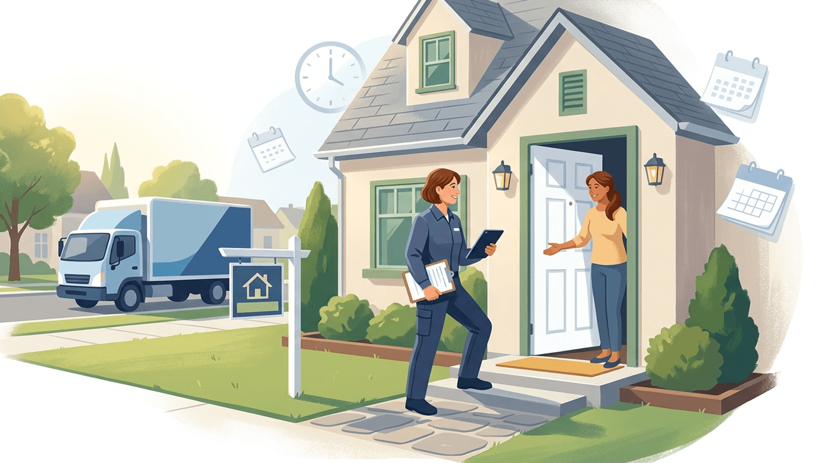 Moving company estimator greeting a homeowner at the door of a newly listed suburban home with a moving truck nearby