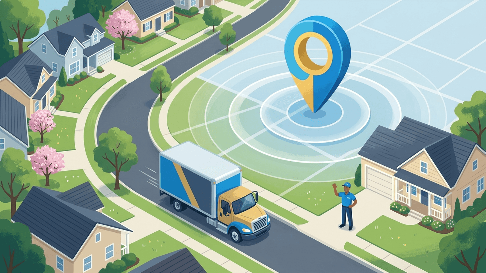 Moving truck, local map pin, and search result card representing moving company SEO