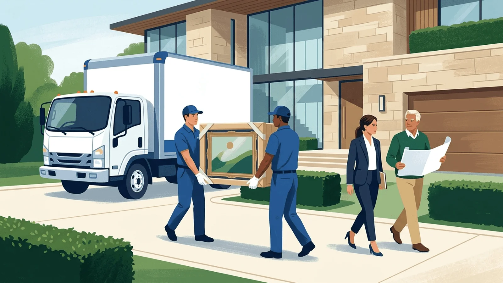 Professional movers carefully wrapping and crating high-value fine furniture and specialty items