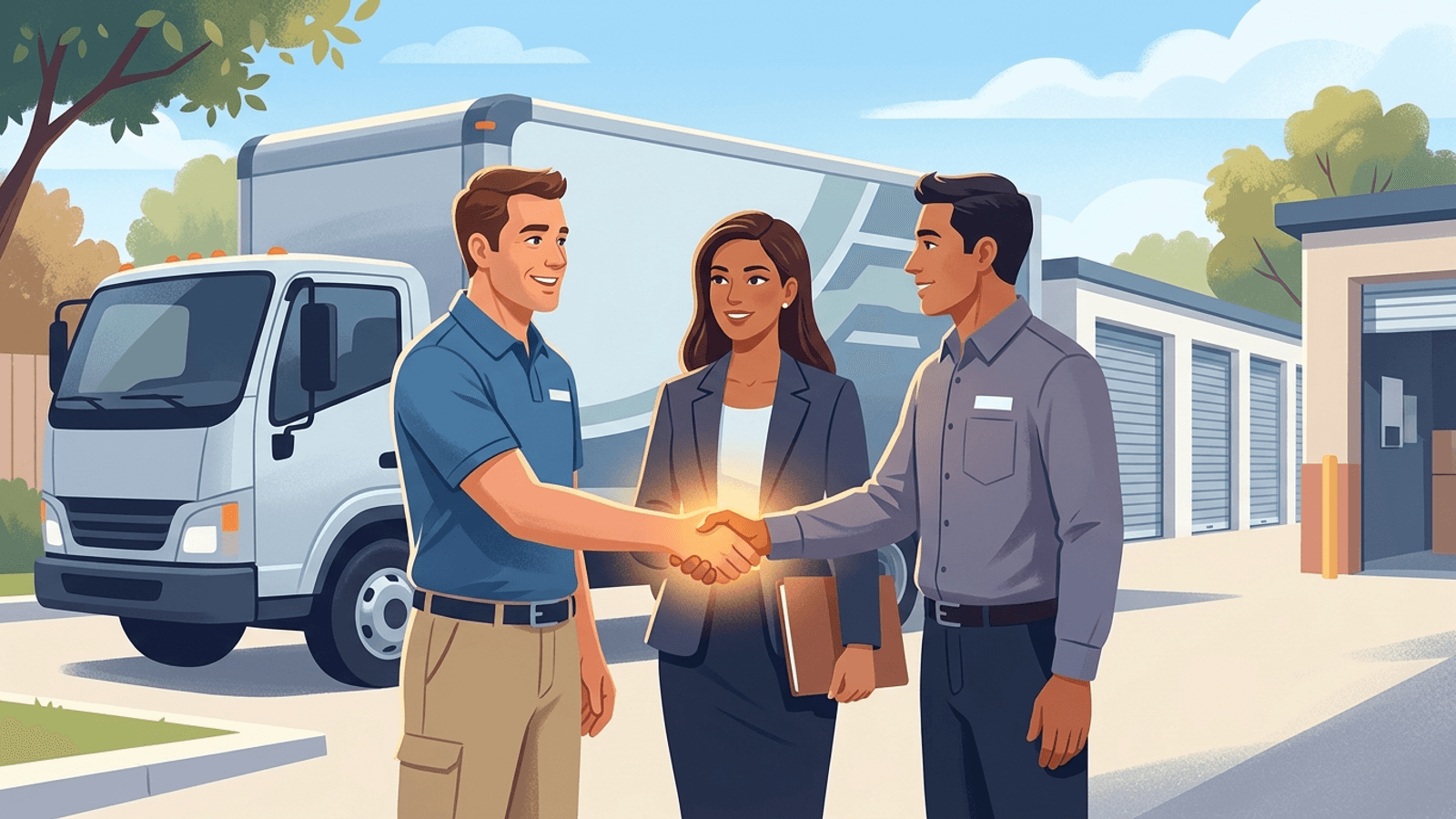 Moving, real estate, and storage partners connected around a handshake