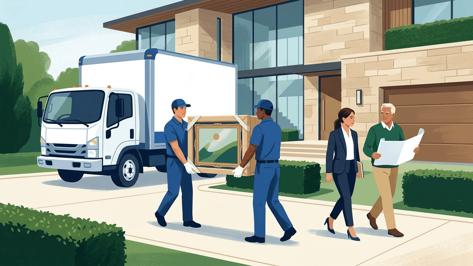 White-glove moving crew carrying padded specialty artwork at an upscale luxury modern estate alongside an estimator and homeowner