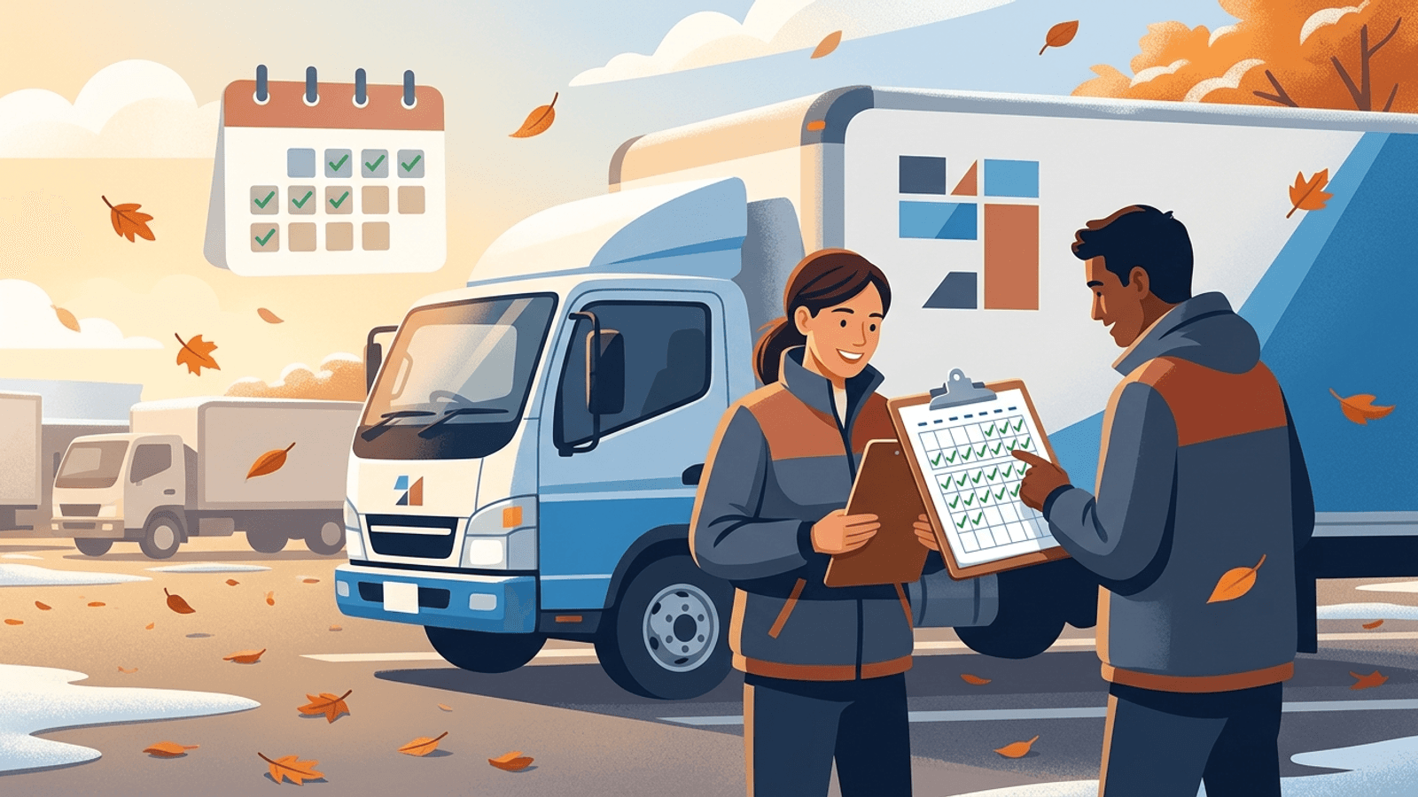 Moving company owner and driver reviewing advance scheduled bookings on a clipboard in autumn sunlight next to a moving truck